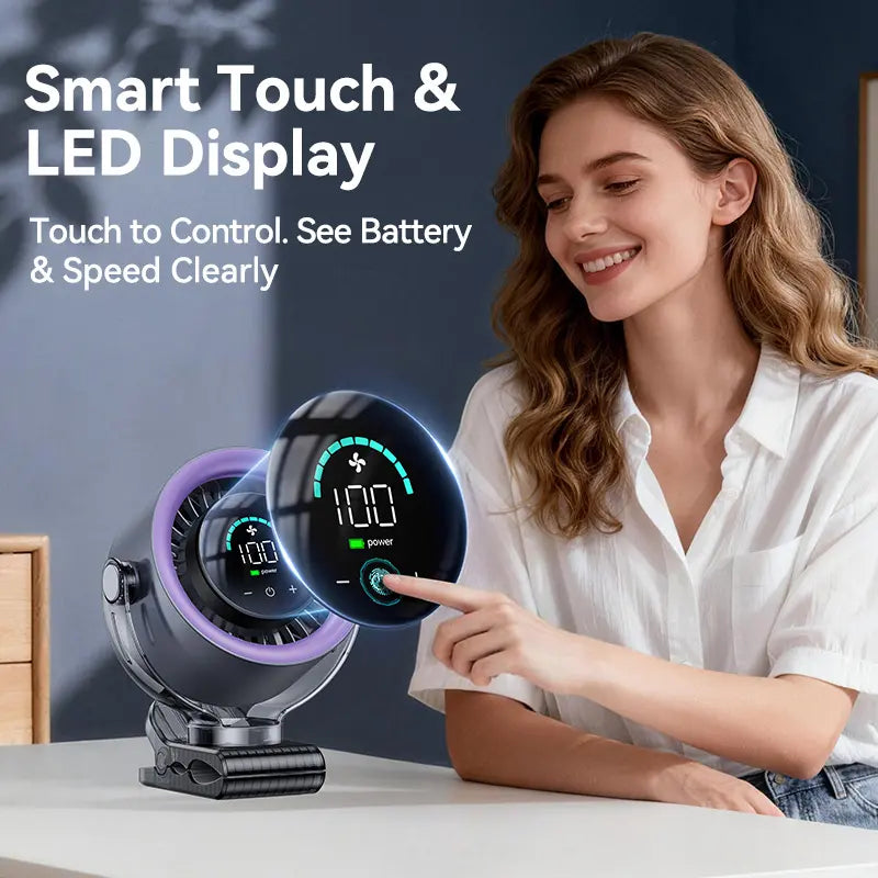 4000mAh Rechargeable Clip-On Fan – 100 Speeds, 360° Rotation & LED Display